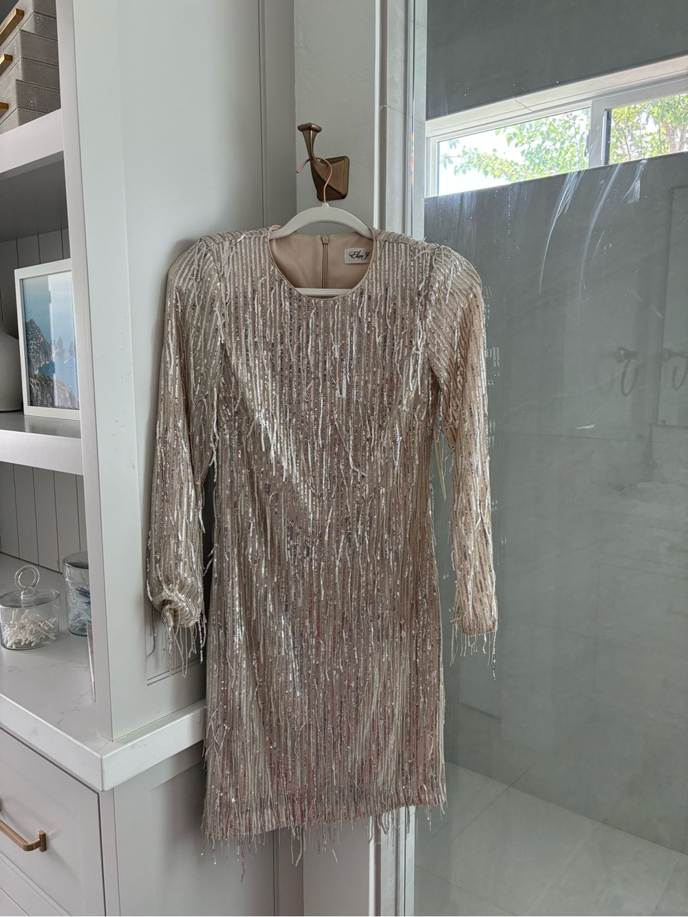 Eliza J Sequin Fringe Long Sleeve Cocktail Dress